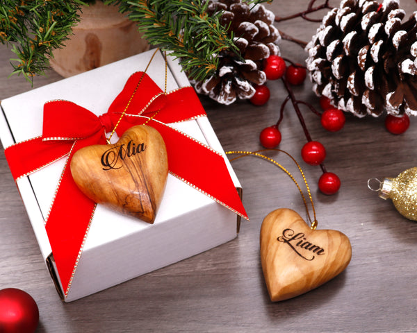 Personalized Heart ornament | Olive wood 3D wooden heart Christmas | wedding anniversary Name heart ornament | Newlywed love Gift for her