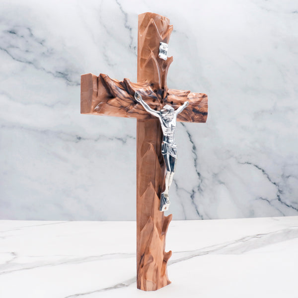 Handmade Olive Wood Crucifix with Thorn Crown Design | Symbol of Faith from the Holy Land | Unique Religious Decor