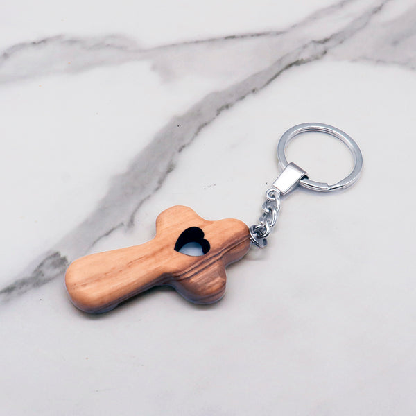 Handcrafted Olive Wood Cross Keychain with Sacred Heart Carving - Engravable Holy cross Keychain, Unique Religious Gift for Loved Ones