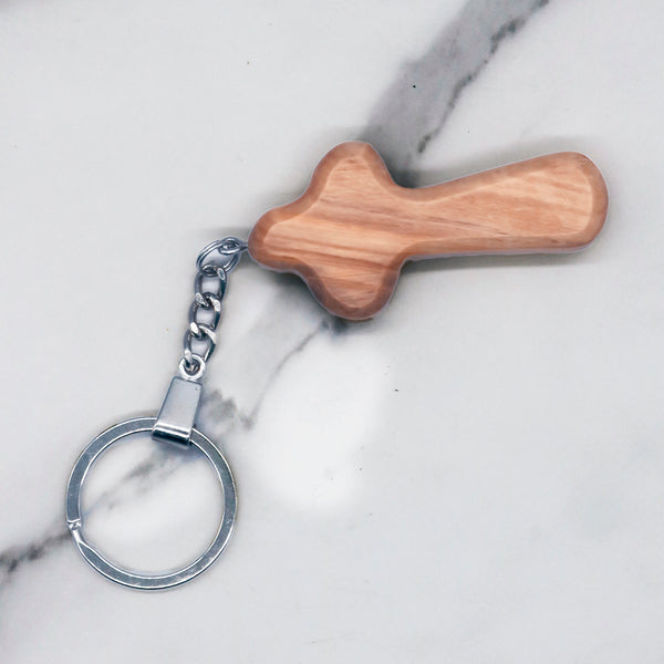 Customizable Olive Wood Cross Keychain from the Holy Land