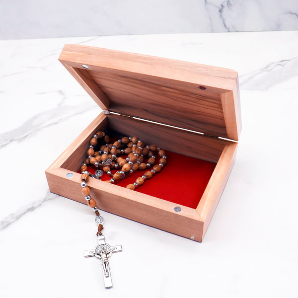 Beautiful olive wood box with mother of pearl cross and doves, engraved with "Jerusalem." Perfect for keepsakes or special gifts!