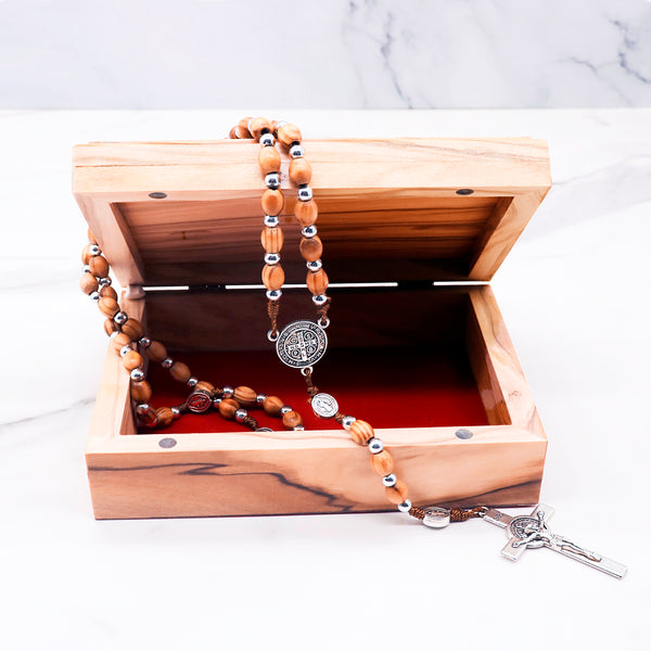 Beautiful olive wood box with mother of pearl cross and doves, engraved with "Jerusalem." Perfect for keepsakes or special gifts!