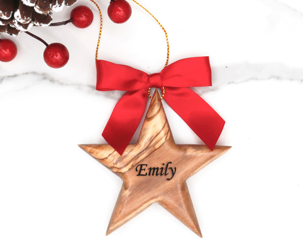 Personalized Olive Wood Star Ornament: Custom Family Name Gift