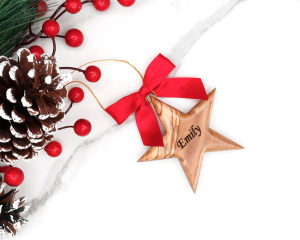 Personalized Olive Wood Star Ornament: Custom Family Name Gift