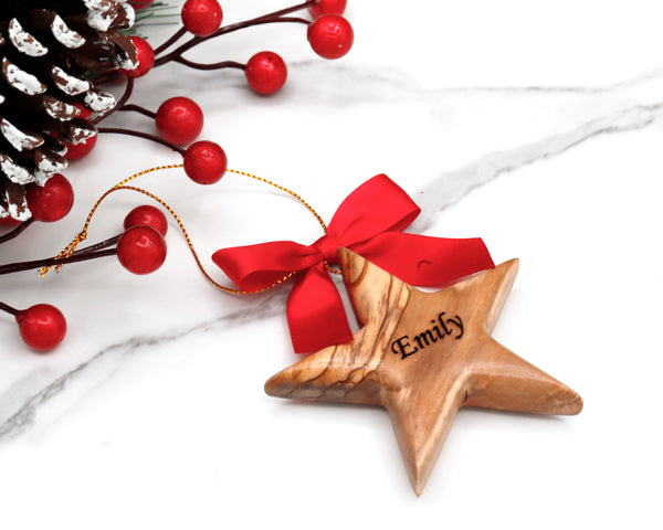 Personalized Olive Wood Star Ornament: Custom Family Name Gift