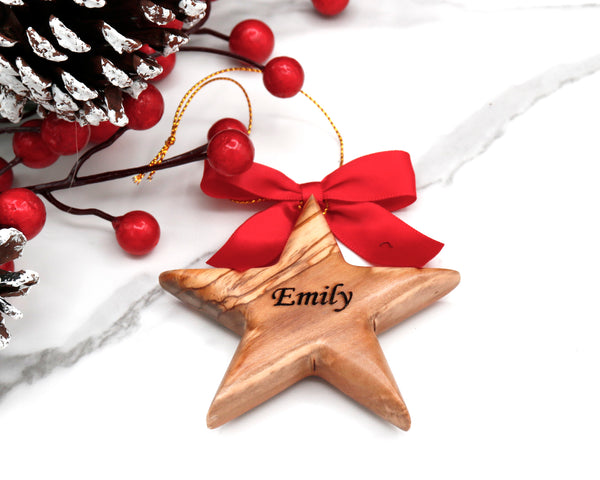Personalized Olive Wood Star Ornament: Custom Family Name Gift