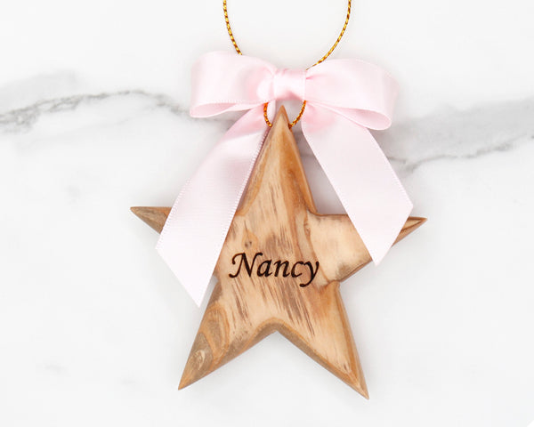 Personalized Olive Wood Star Ornament: Custom Family Name Gift