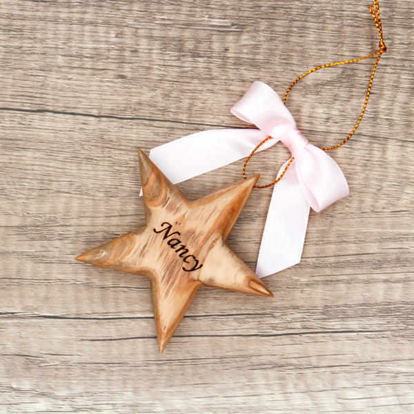 Personalized Olive Wood Star Ornament: Custom Family Name Gift