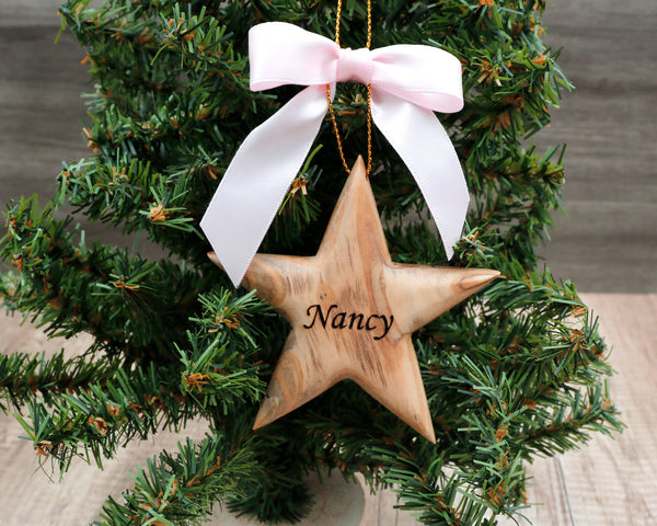 Personalized Olive Wood Star Ornament: Custom Family Name Gift