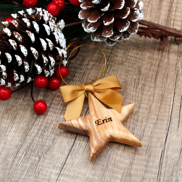 Personalized Olive Wood Star Ornament: Custom Family Name Gift