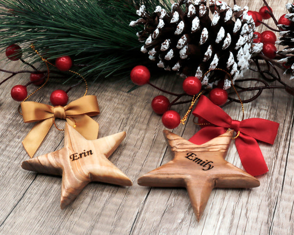 Personalized Olive Wood Star Ornament: Custom Family Name Gift