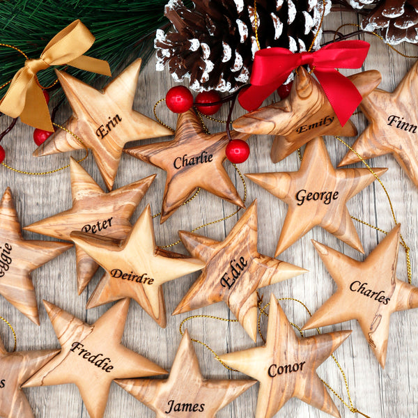 Personalized Olive Wood Star Ornament: Custom Family Name Gift