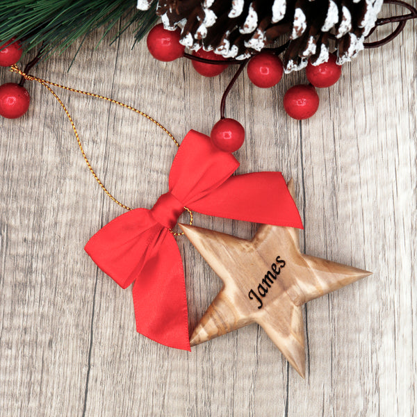 Personalized Olive Wood Star Ornament: Custom Family Name Gift