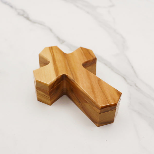 Olive Wood Cross Rosary Box: Personalized Keepsake for first communion, wooden cross box for jewelry