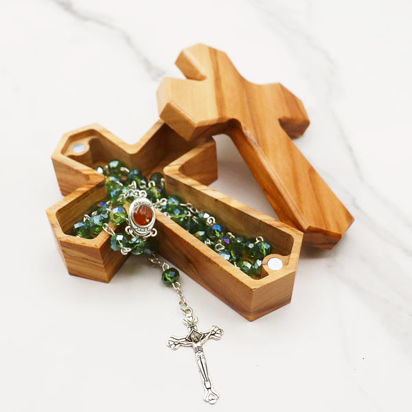 Olive Wood Cross Rosary Box: Personalized Keepsake for first communion, wooden cross box for jewelry