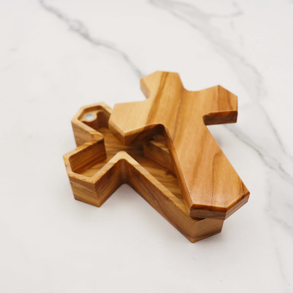 Olive Wood Cross Rosary Box: Personalized Keepsake for first communion, wooden cross box for jewelry