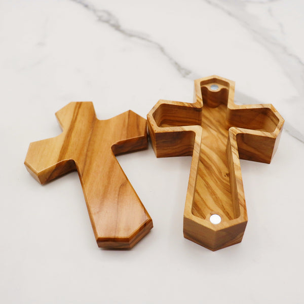 Olive Wood Cross Rosary Box: Personalized Keepsake for first communion, wooden cross box for jewelry