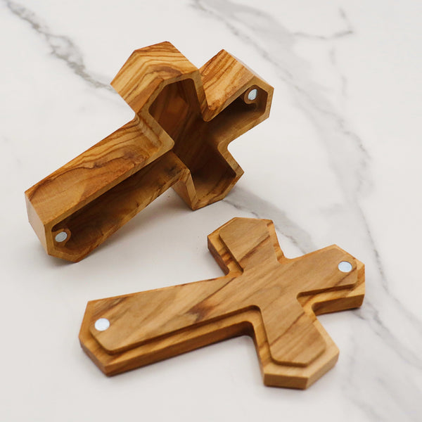 Olive Wood Cross Rosary Box: Personalized Keepsake for first communion, wooden cross box for jewelry