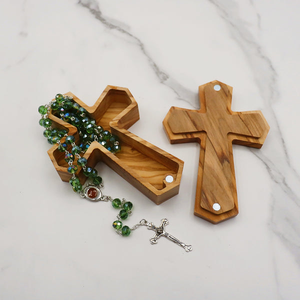 Olive Wood Cross Rosary Box: Personalized Keepsake for first communion, wooden cross box for jewelry