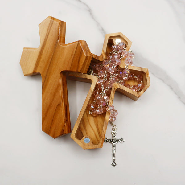 Olive Wood Cross Rosary Box: Personalized Keepsake for first communion, wooden cross box for jewelry