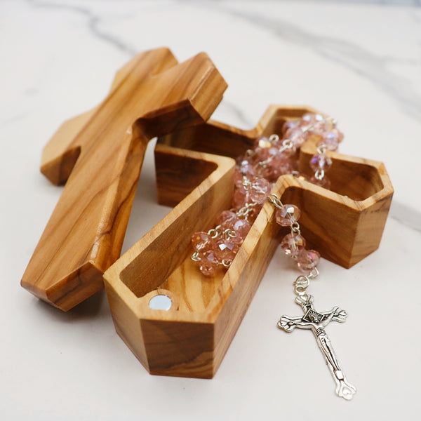 Olive Wood Cross Rosary Box: Personalized Keepsake for first communion, wooden cross box for jewelry