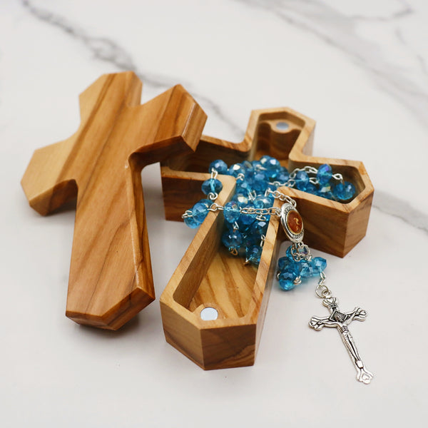 Olive Wood Cross Rosary Box: Personalized Keepsake for first communion, wooden cross box for jewelry
