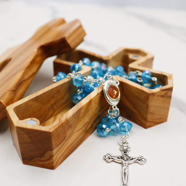 Olive Wood Cross Rosary Box: Personalized Keepsake for first communion, wooden cross box for jewelry