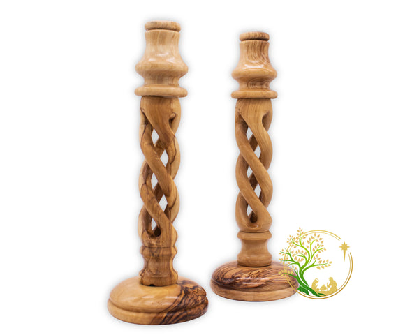 Hollow Spiral Wooden Candle holders for table décor | Wooden Candlesticks | Set of 2 Olive wood swirl candle holders from the Holy Land