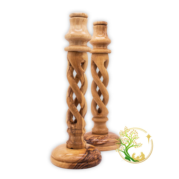 Hollow Spiral Wooden Candle holders for table décor | Wooden Candlesticks | Set of 2 Olive wood swirl candle holders from the Holy Land