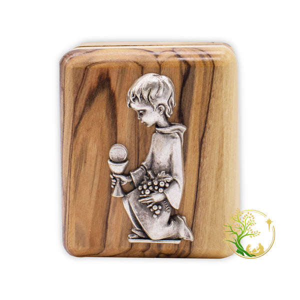 Holy Communion olive wood rosary box for boys | A sacred Holy Land keepsake boy box for confirmation