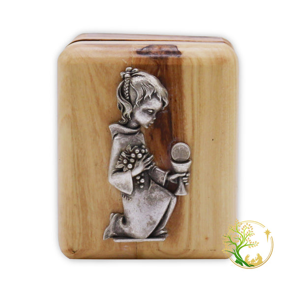 Holy Communion olive wood rosary box for boys | A sacred Holy Land keepsake boy box for confirmation