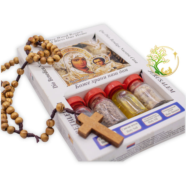 Holy Water | Olive Oil | Soil & Frankincense from Bethlehem | Olive wood Rosary | Religious Gift