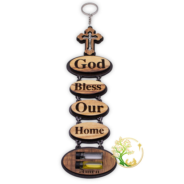 Wall Hanging "God Bless Our Home" Religious wall Décor Holds Olive oil & Holy water | Religious gift