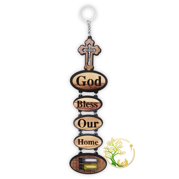 Wall Hanging "God Bless Our Home" Religious wall Décor Holds Olive oil & Holy water | Religious gift