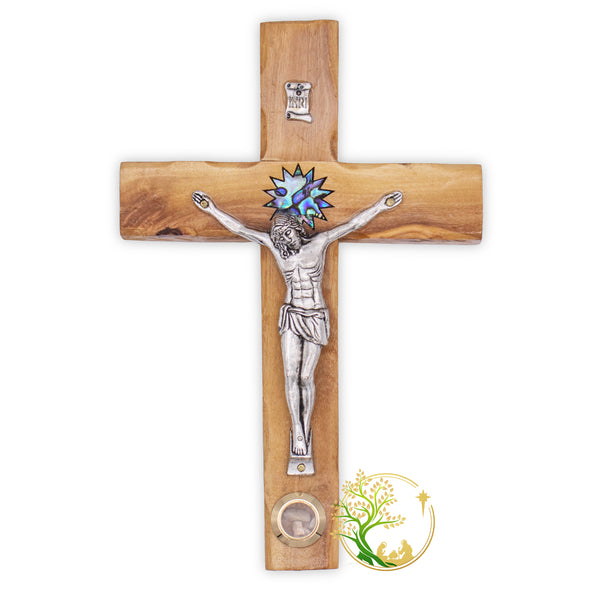 Wall hanging Crucifix / Holy Land Olive Wood Wooden Cross w/ Mother of Pearl Bethlehem Star - Birthday, Communion, Baptism, Christening Gift