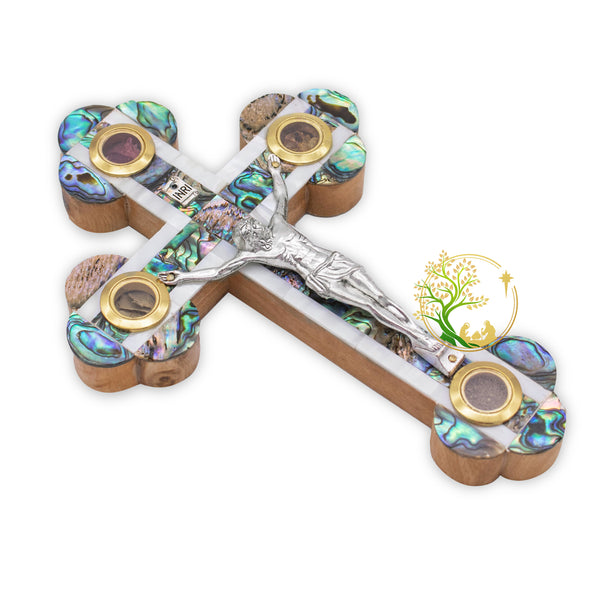 Mother of Pearl & Abalone Crucifix for wall | olive wood wall cross | Religious gift souvenir from the Holy Land