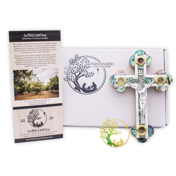 Mother of Pearl & Abalone Crucifix for wall | olive wood wall cross | Religious gift souvenir from the Holy Land