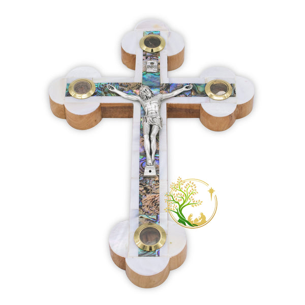 Decorative Mother of Pearl wall hanging cross handmade in the Holy Land -Olivewood Catholic wooden crucifix -Perfect home wall decor or gift