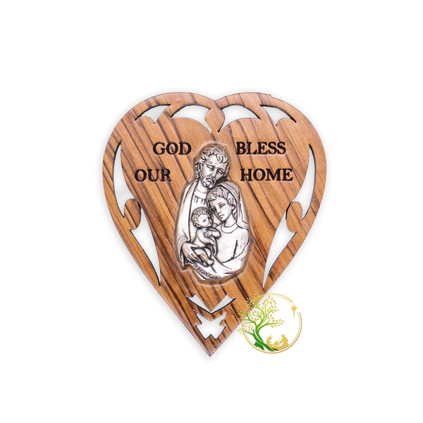 Magnet of the Holy Family | Fridge magnet of an olive wood heart | God Bless Our Home magnet