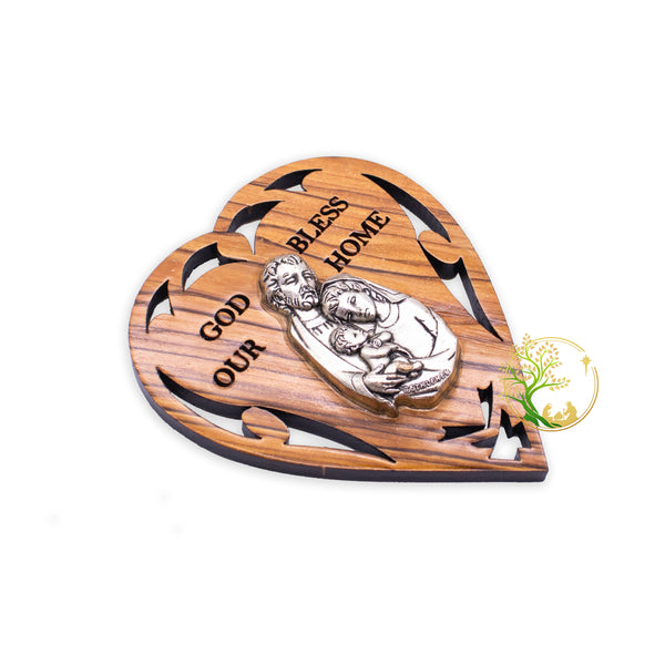 Magnet of the Holy Family | Fridge magnet of an olive wood heart | God Bless Our Home magnet