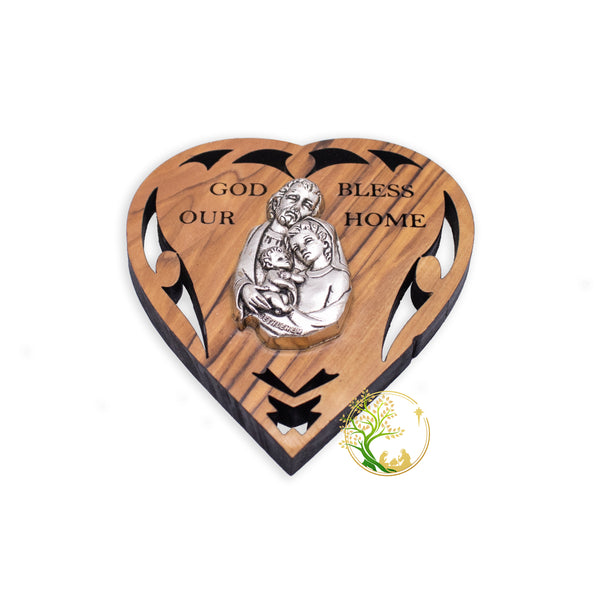 Magnet of the Holy Family | Fridge magnet of an olive wood heart | God Bless Our Home magnet