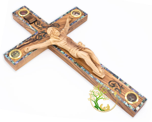 Large wall cross | Crucifix for wall | Holy Crucifix with relics from the Holy Land | Olive wood cross covered with mother of pearl