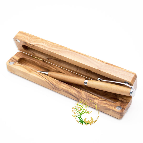 Olive wood pen box set | Hand carved pen case | Pen box set gift engraved "with God all things are possible"