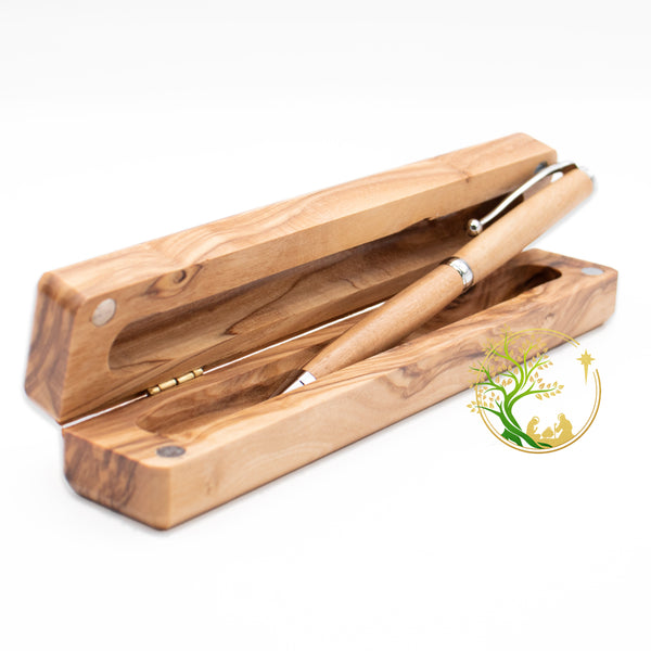 Olive wood pen box set | Hand carved pen case | Pen box set gift engraved "with God all things are possible"
