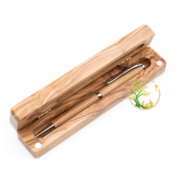 Olive wood pen box set | Hand carved pen case | Pen box set gift engraved "with God all things are possible"