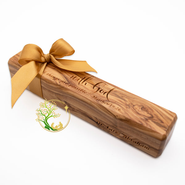Olive wood Pen & Box | Christmas wooden pen box and pen gift from the Holy Land |wooden pen case engraved "with God all things are possible"