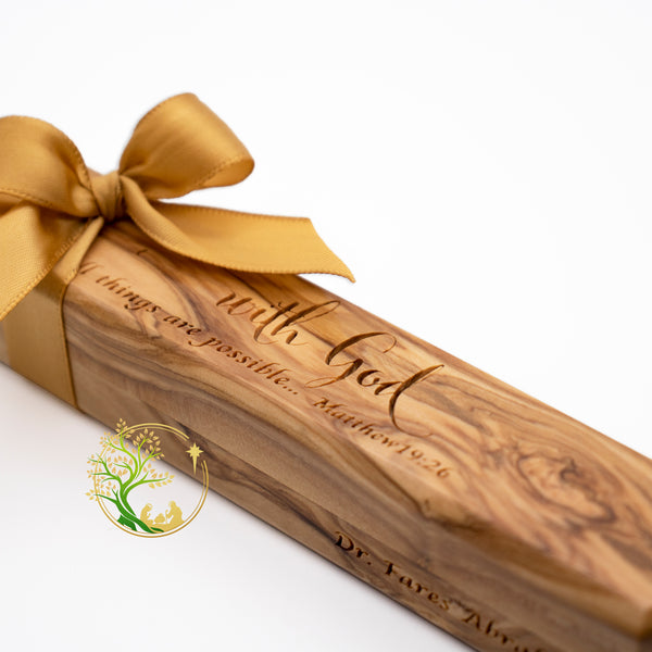 Olive wood Pen & Box | Christmas wooden pen box and pen gift from the Holy Land |wooden pen case engraved "with God all things are possible"