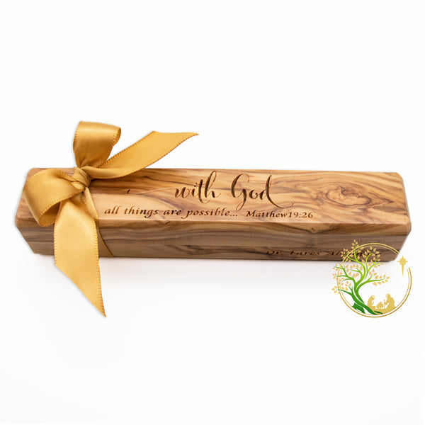 Olive wood Pen & Box | Christmas wooden pen box and pen gift from the Holy Land |wooden pen case engraved "with God all things are possible"