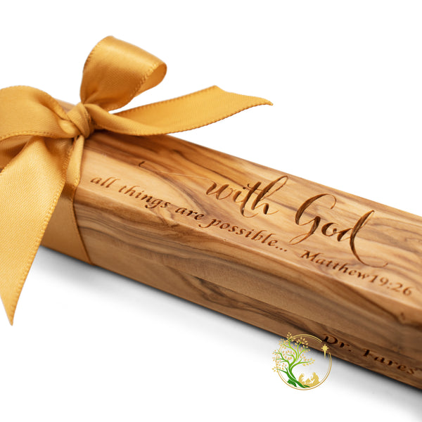 Olive wood Pen & Box | Christmas wooden pen box and pen gift from the Holy Land |wooden pen case engraved "with God all things are possible"