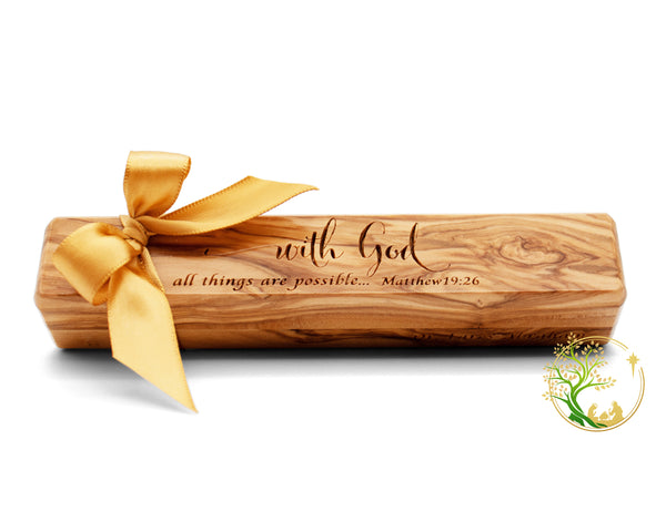 Olive wood Pen & Box | Christmas wooden pen box and pen gift from the Holy Land |wooden pen case engraved "with God all things are possible"